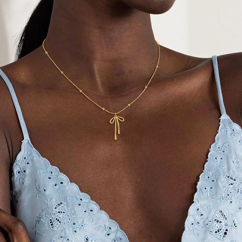 Risamil Store 14K Gold Plated Necklace for Women - Bow Necklace - Dainty Necklace Cute Small Tiny Bow Pendant Choker Chain Necklace Trendy Necklaces for Women Jewelry Gift - Image 3